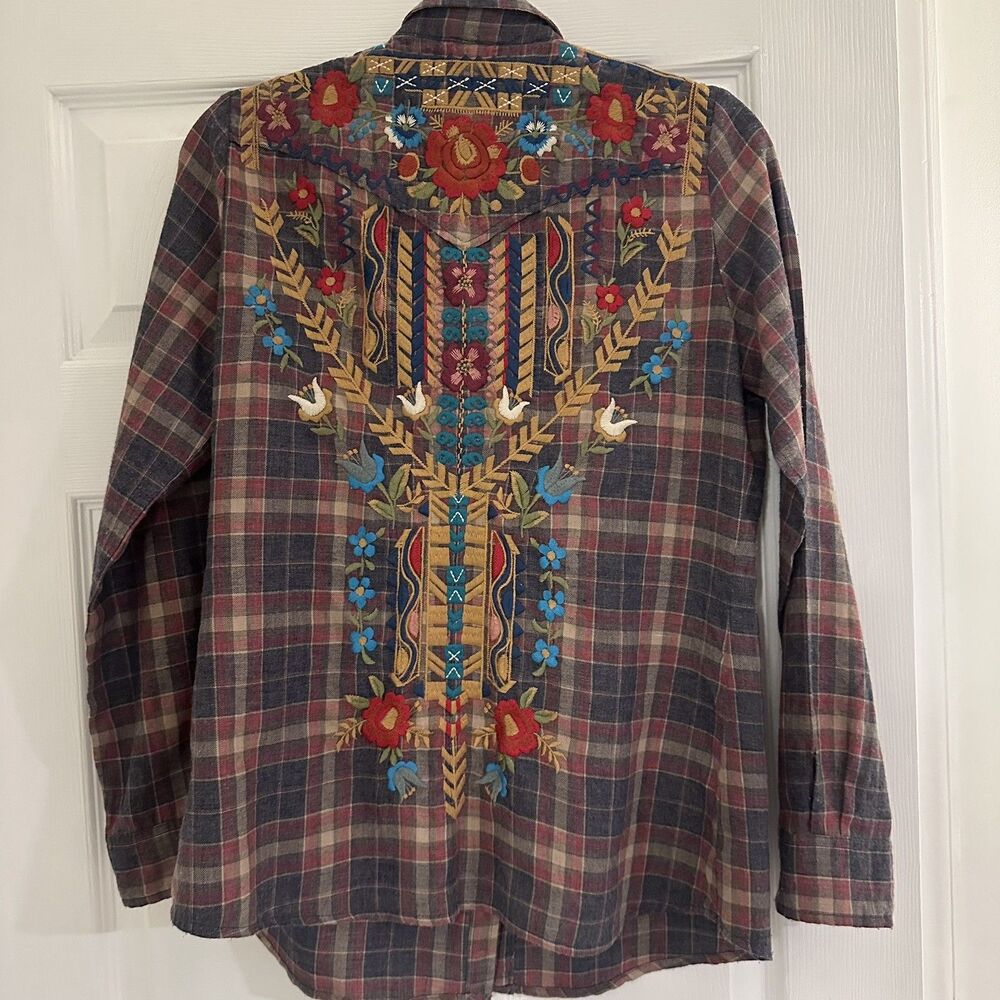 Johnny Was Embroidered Back Shirt plaid floral motif small